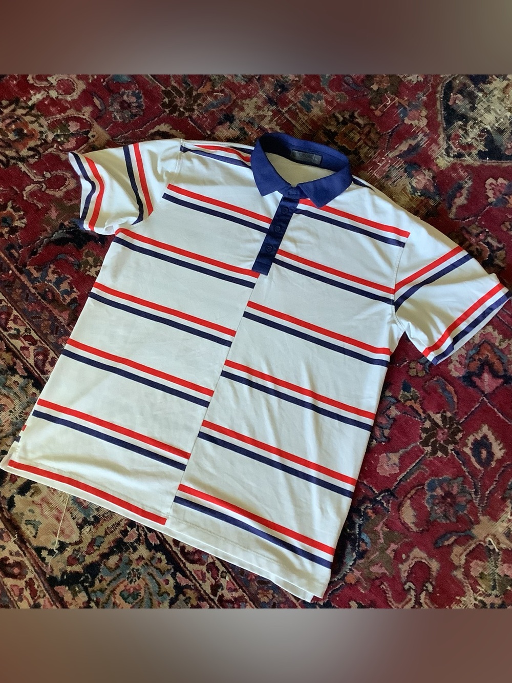 G/FORE Golf Polo Shirt White with Red and Blue Stripes - Mens XL - EUC